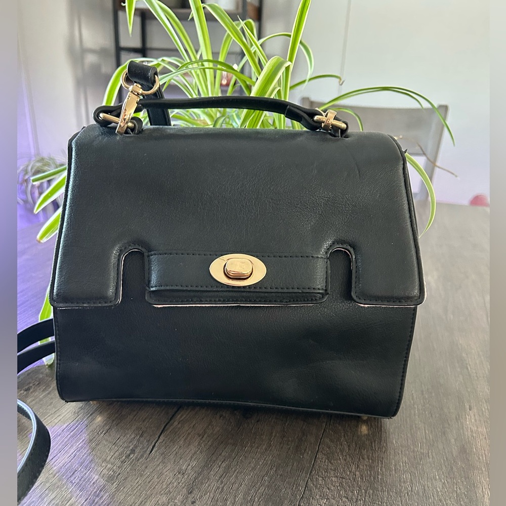 Jeannie Lottie Classic Black Top-Handle Satchel with Gold Turn-Lock